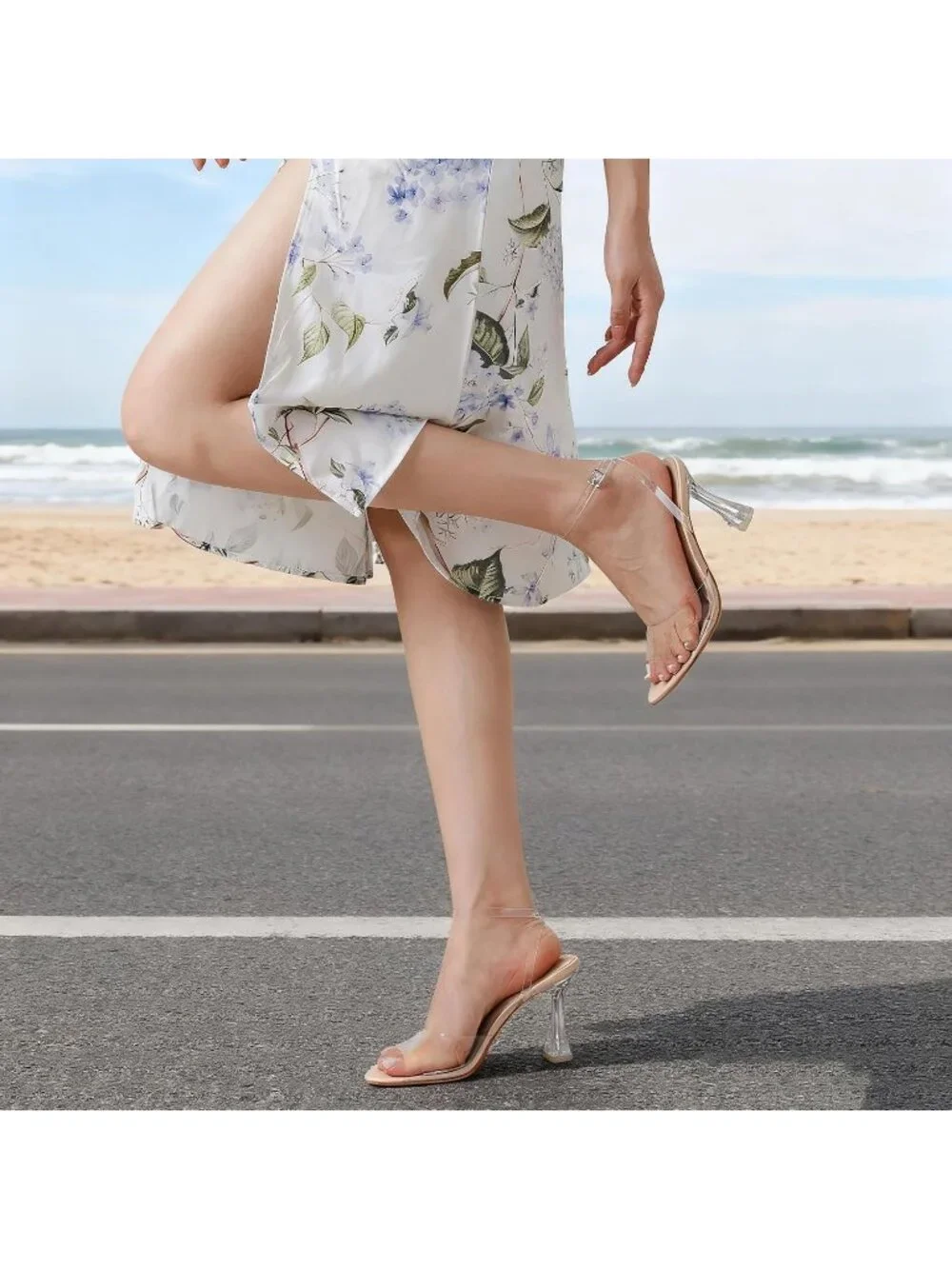 Women's Clear High Heels Pointed Open Toe Strappy Chunky Block Sexy Dress Shoes